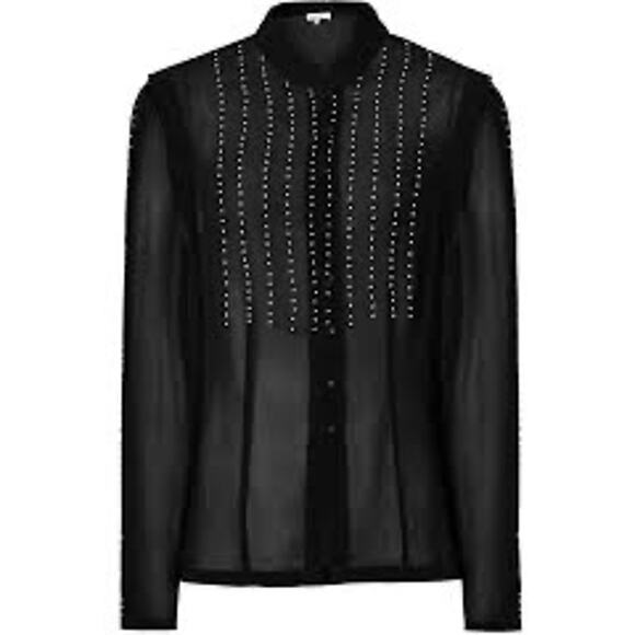 REISS Suzanne Pearl Black Sheer Blouse Mandarin Collar Women’s Size 8 - Picture 2 of 8